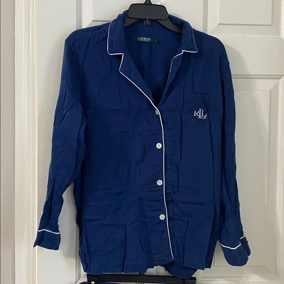 Lauren Ralph Lauren navy/white piping long sleeve notch collar button up pj set - Picture 3 of 10